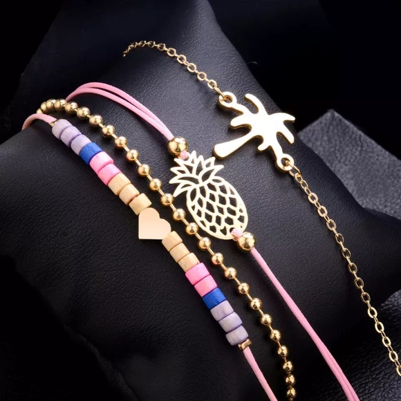 5pc Set Pink Handmade Bracelet Pineapple Palm tree - Picture 3 of 8